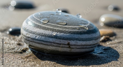Close up of a striped seashell on sandy beach.