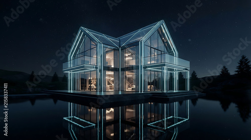Stunning Modern Glass House with Illuminated Frame Reflected in Water at Night
