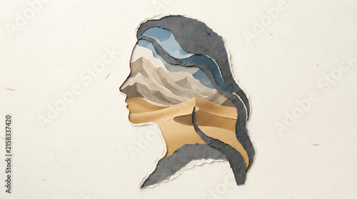 Intricate Paper Cutout Face Silhouette Filled with Layered Mountain and Desert Landscapes