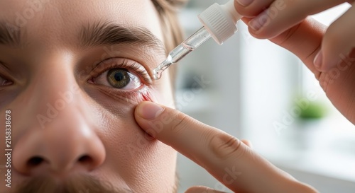 Close up of person applying eye drops for dry eyes.