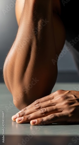 Close up of person doing yoga handstand pose.