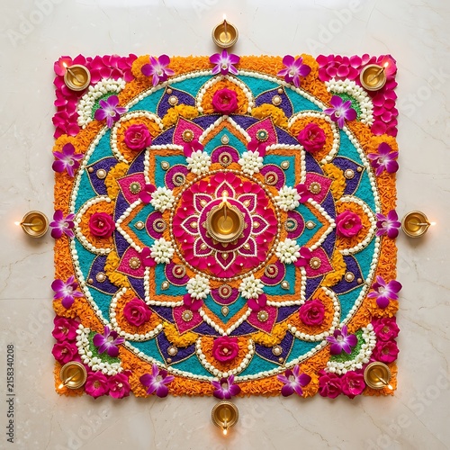 Colorful Traditional Rangoli Design With Flowers And Oil Lamps