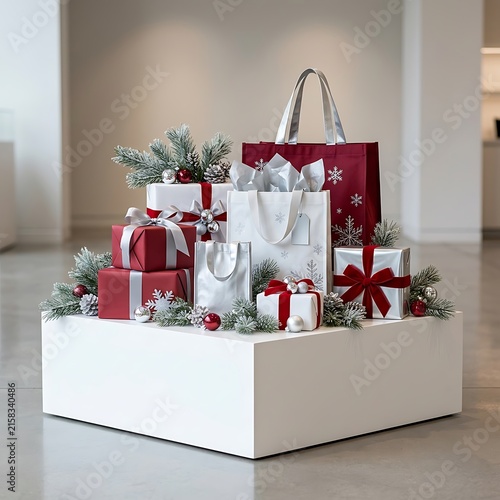 Elegant holiday gift bags and boxes decorated with festive greenery and ribbons