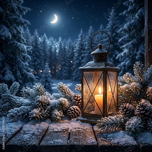 Snowy Winter Night Lantern Surrounded By Pine Branches Under Moonlight