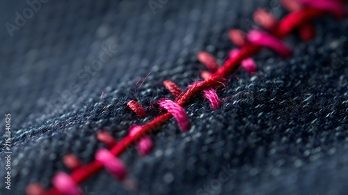 Close up of seam allowance and stitches, textile construction detail, technical sewing photography