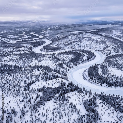 Snow Covered Forest Landscape With Curving River And Rolling Hills
