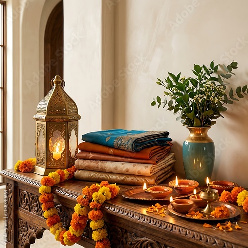 Traditional Decor With Clothes Stacked And Marigold Garland Display