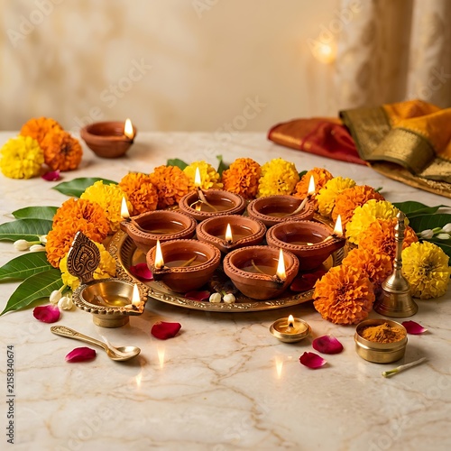 Traditional Diya Oil Lamps Arranged With Marigold Flowers And Decorative Items