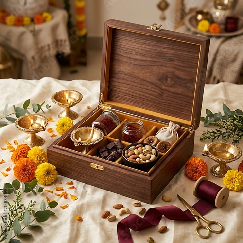 Traditional Wooden Box With Religious Ritual Items And Decorations