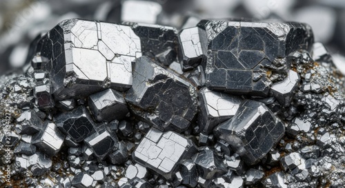 Close up of raw galena mineral crystals on dark background.