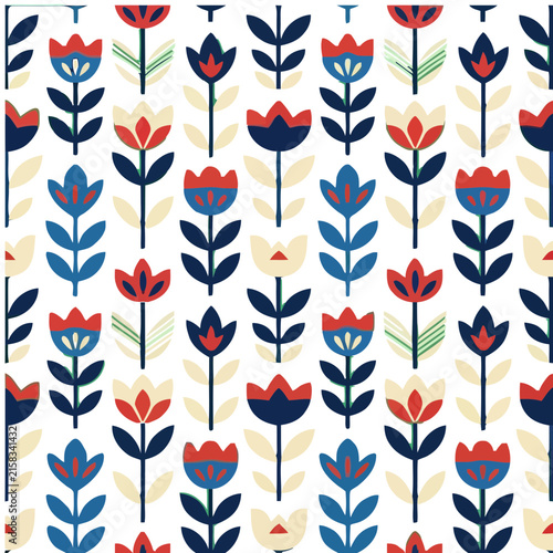 Seamless pattern of stylized flowers in red, blue, and cream