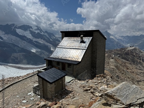 Stockhorn Mountain Station at 3,532 meters above sea level in the Zermatt-Matterhorn Ski Area or Upper Station of the Rote Nase–Stockhorn Aerial Cableway in the Swiss Alps (Valais, Switzerland)