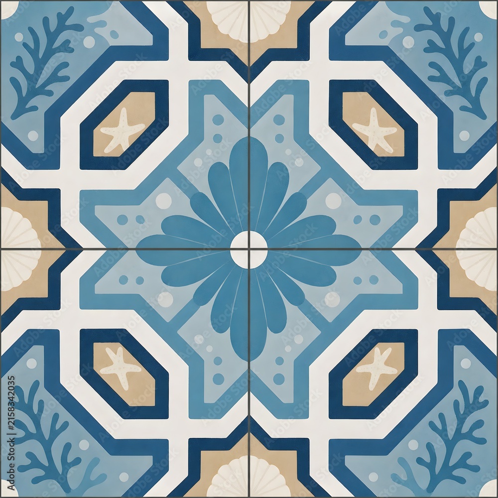 Seamless Nautical Ceramic Tile Pattern with Sea Life Elements, Blue and Beige Mediterranean Moroccan Style