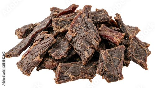 Foto Dried Beef Jerky Strips Isolated on White Background