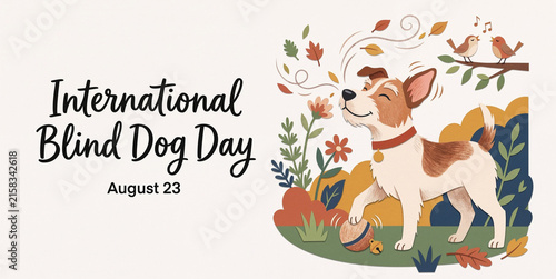 International Blind Dog Day on August 23, blind dog exploring a garden, positive illustration with generous copy space