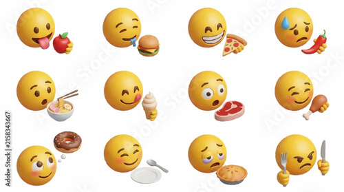 Yellow emoji characters expressing various hunger and dining emotions with different foods in 3D icons.