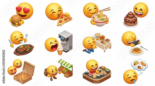 Emojis displaying various facial expressions while consuming delicious meals like hamburgers and pizza.