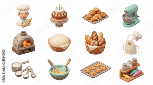 Baking tools and delicious pastries collection including a standing mixer, birthday cake, rolling pins, measuring cups, dough bowl, and freshly baked cookies on a tray.