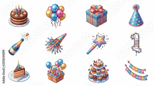 Party celebration elements including layered chocolate cake, colorful balloons, wrapped presents, and champagne.