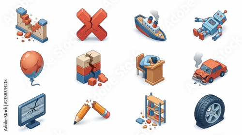 Broken objects and failure icons displayed as isometric 3d illustrations isolated on a white backdrop.