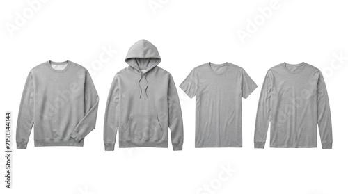 Set of grey casual clothing items including hoodies and t-shirts isolated on transparent background