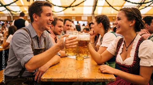 Two young friends in dirndl and lederhosen are clinking beer steins at Oktoberfest, authentic Bavarian celebration for event posters