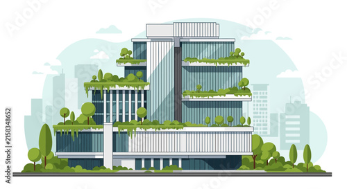 Modern glass building with green rooftop garden and trees.
