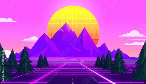 Vibrant digital landscape with purple mountains.