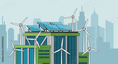 Solar panel array generating renewable energy electricity.