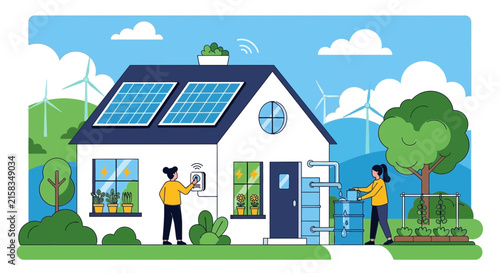 Solar panel installation on suburban house roof.