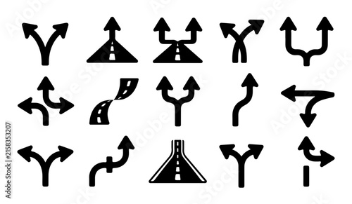 Directional arrow road icons showing lane merges and path splits for map design assets.