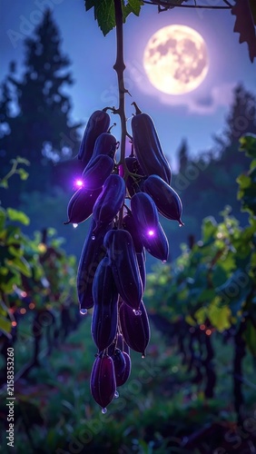 Moonlit vineyard with purple grapes hanging.