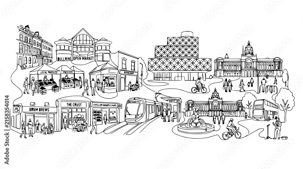 Obraz premium Cityscape Doodle Line Art: Buildings, People, Tram, Market, Bus