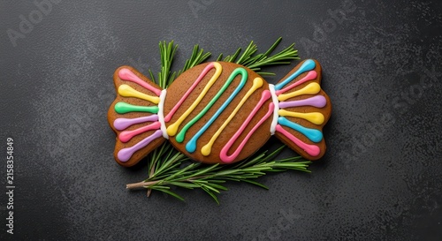 Colorful candy wrapper cookie with rosemary garnish on dark background.
