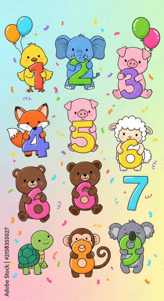 Naklejka premium Colorful Cartoon Animals and Numbers for Kids Learning.