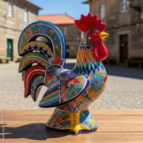 Colorful Ceramic Rooster Statue in Outdoor Setting.