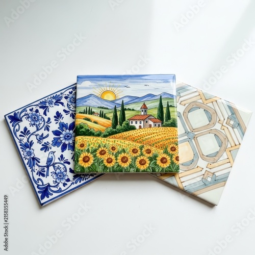 Colorful Ceramic Tiles with Landscape and Floral Designs.