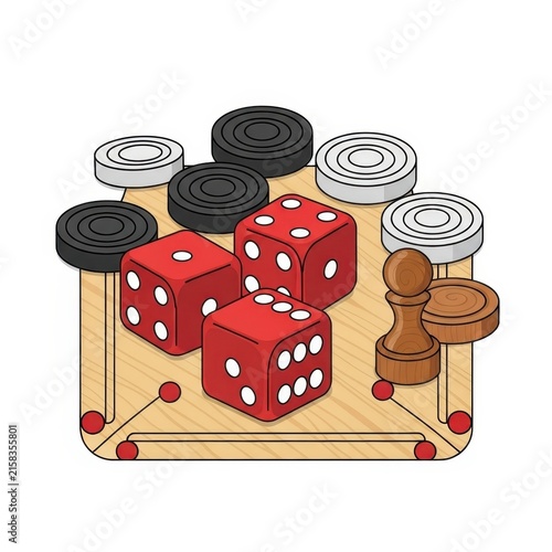 Colorful Checkers and Dice on Wooden Game Board.