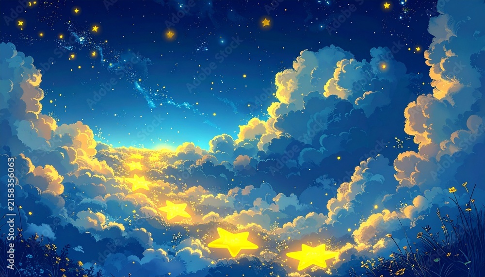 Fototapeta premium Whimsical Star Trail and Rabbit Tracks Illustration in a Magical Night Sky with Clouds