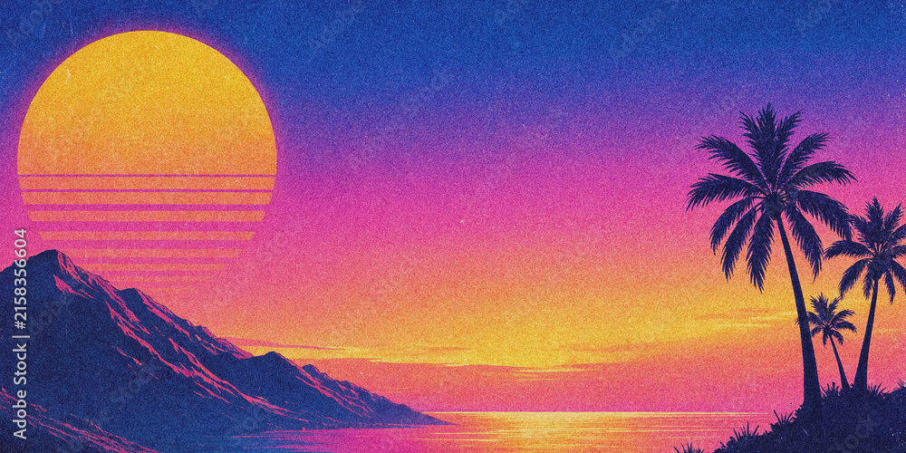 Fototapeta premium Retro synthwave sunset landscape with palm trees and mountains in a vibrant neon style