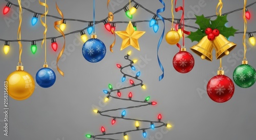 Colorful Christmas decorations with lights and ornaments.