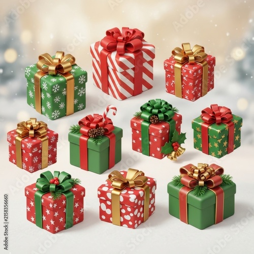 Colorful Christmas Gift Boxes with Ribbons and Bows.