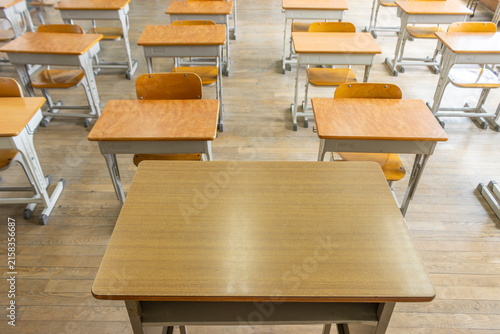 古い日本の小学校(中学校)の教室に並んだ机と教卓