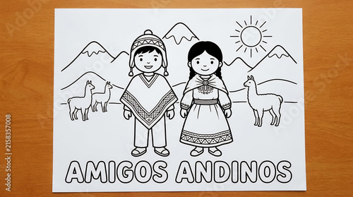 Andean children with llamas coloring page in mountain landscape