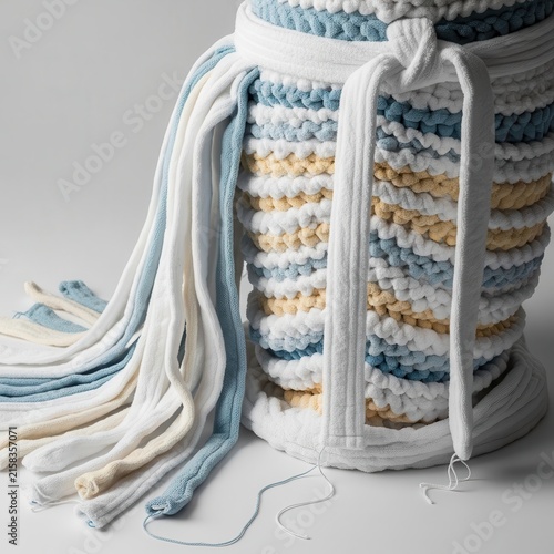 Colorful crochet bag with long white drawstring ties.