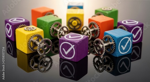 Colorful cubes with gears and checkmarks on reflective surface.