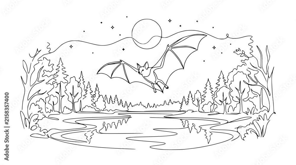 Fototapeta premium Bat Flying Over Moonlit Lake Forest Landscape Line Art