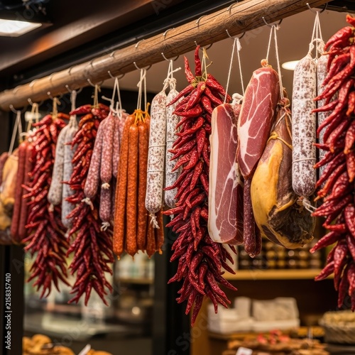 Colorful cured meats and peppers hanging in a market.