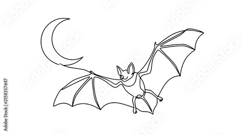 Continuous Line Art Bat Flying Crescent Moon Isolated Transparent Background