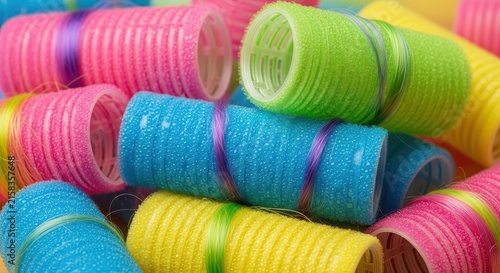 Colorful curly ribbon rolls in vibrant pile.